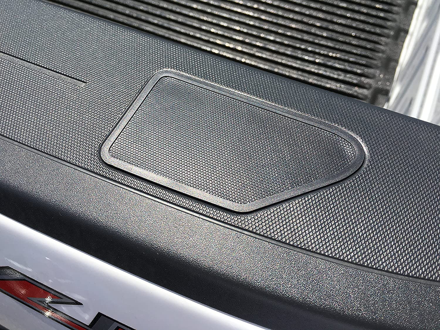 Close-up of installed Rail Caps Stake Pocket Cover on older GM pickup truck (fits most 2014-2018 models) from Engineered by Schildmeier