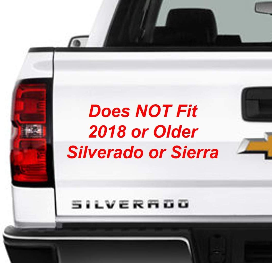 Image of driver side rear of white Chevy Silverado pickup truck with text overlay indicating that Railcaps stake pocket covers for 2019-2020 Silverado and Sierra trucks do not fit 2018 or older Silverado or Sierra models.  