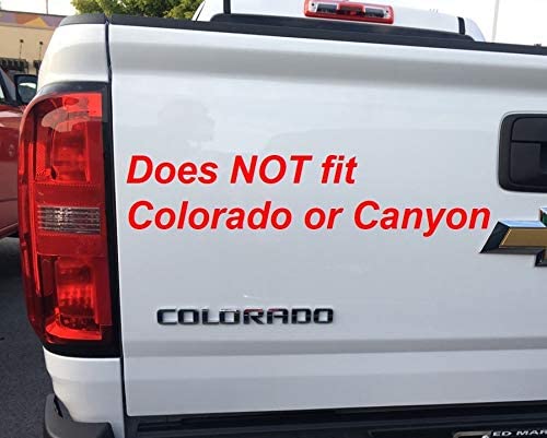 Image of driver side rear of white Chevy Colorado pickup truck with text overlay indicating that the Railcaps stake pocket covers for 2019-2020 Silverado and Sierra model trucks do not fit Colorado or Canyon model trucks.