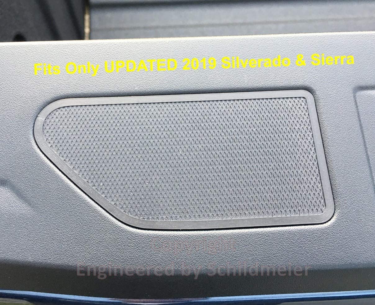 Close up of Railcaps stake pocket cover fit flush into black truck bed rail with text overlay - Fits only UPDATED 2019 Silverado & Sierra. Image is copyright Engineered by Schildmeier.